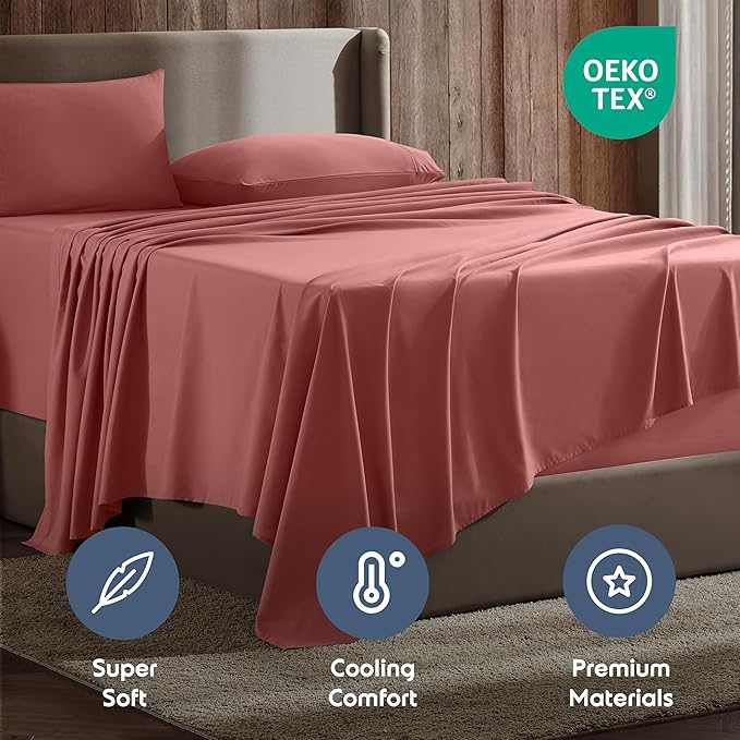 Nestl King Sheet Set - Luxury 1800 Ultra-Soft Microfiber King Bed Sheets - Double Brushed - Deep Pockets - Easy Fit - 4 Piece Set - Bedding Sheets & Pillowcases (King, Pink Clay)