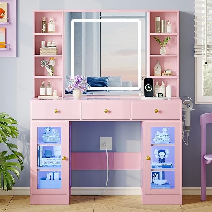 Makeup Vanity Desk with HD Lighted Mirror & Power Outlet, Glass Top Vanity Table Set with Storage Drawers & RGB Cabinets, Large Dressing Table with 3 Lighting Modes for Bedroom Women Girls Kids, Pink