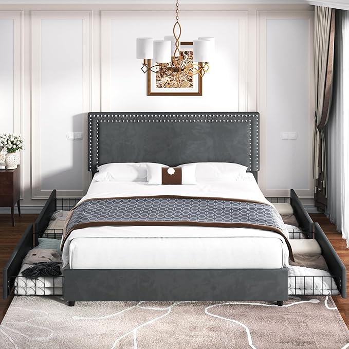 VECELO Full Size Upholstered Platform Bed Frame with 4 Storage Drawers, Adjustable Velvet Rivet Decor Headboard, Wooden Slats Support, No Box Spring Needed, Easy Assembly