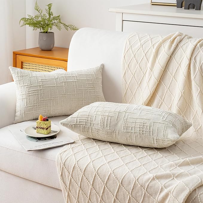 Decorative Throw Pillow Covers 12x20 Inch Set of 2, Soft Solid Farmhouse Chenille Couch Pillows, Spring Pillow Covers for Couch Sofa Bed Living Room Home Decor Pillowcase, Cream White