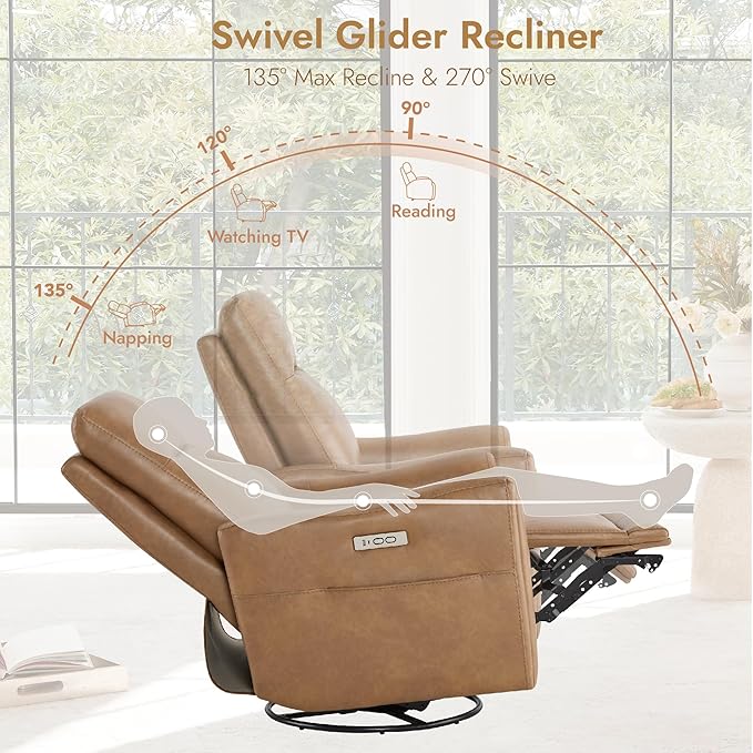 Watson & Whitely Power Recliner Chairs for Adults, Swivel Rocker Recliner Chair with Charging Ports for Living Room, Faux Leather RC011 (Camel)