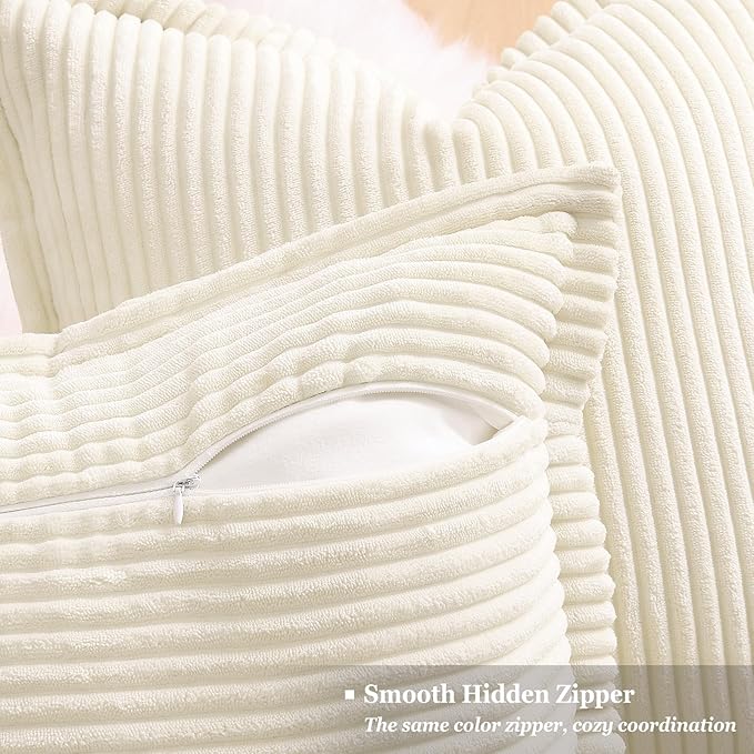 decorUhome Corduroy Cream White Throw Pillow Covers 12x20 Set of 2 Decorative Soft Boho Striped Lumbar Neutral Euro Farmhouse Couch Pillow Covers with Broadside for Living Room Bed Sofa