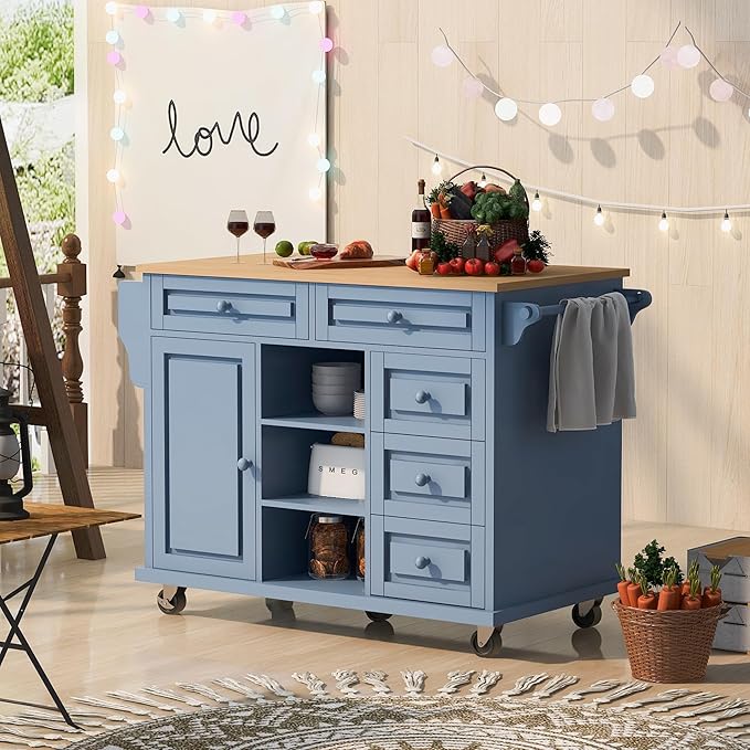 Rolling Kitchen Cart with Rubber Wood Desktop Mobile Kitchen Island with Storage and 5 Drawers for Dining Room Kitchens Living Room 52.8" L*18.1" W*36.2" H Blue