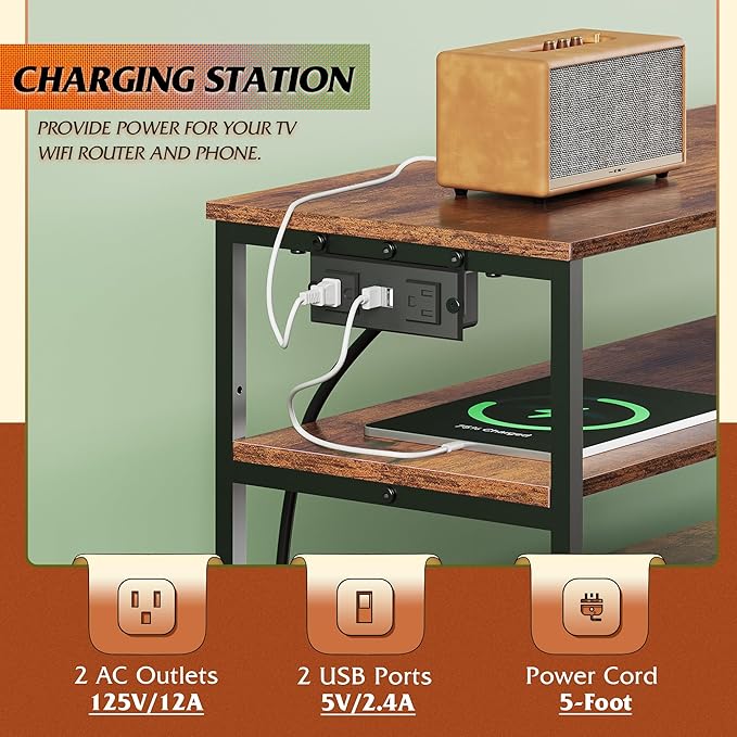 WLIVE TV Stand for 40, 45 inch TV, Entertainment Center with LED Lights & Charging Station, TV Media Console Table with 6 Fabric Drawers and Open Shelves for Living Room, Hallway, Rustic Brown