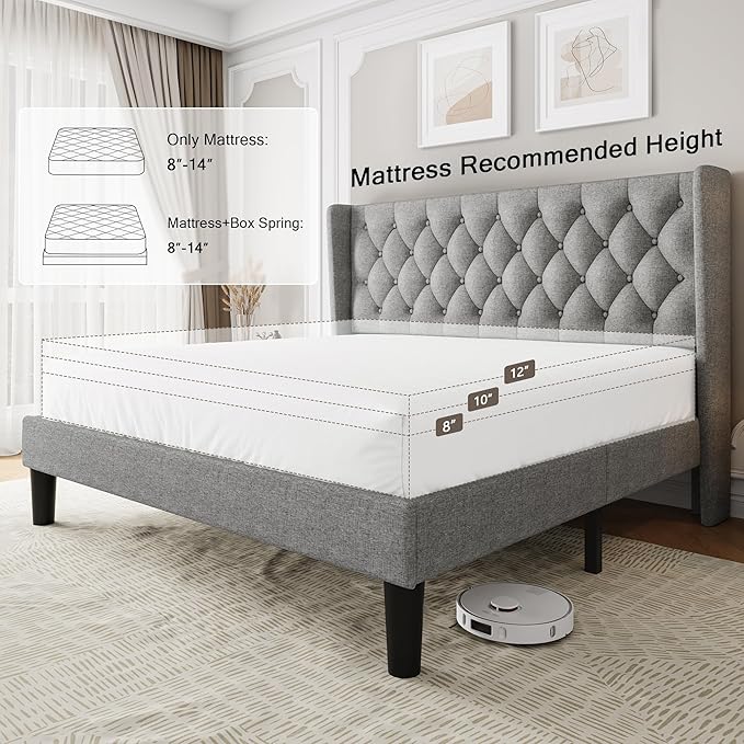 King Size Upholstered Bed Frame with Wingback Headboard, Fabric Linen Platform Bed, 8" Under Bed Storage, Wooden and Metal Slats Support, No Box Spring Needed, Light Grey