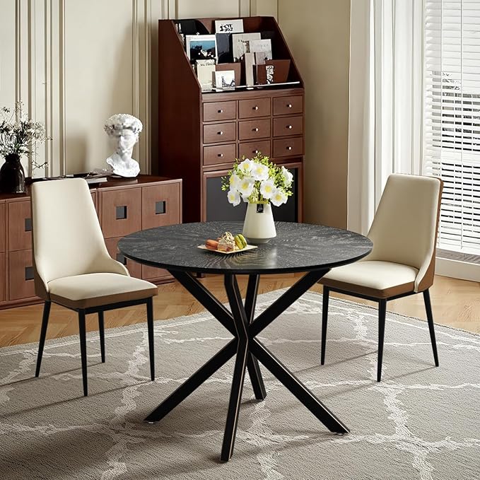 VFK Round Dining Table Set for 2,Small Kitchen Table and Chairs Set 36 inch Modern Metal Cross Base Dinner Table with 2 Cushioned Seat 3-Pieces Dining Set for Kitchen and Living Room