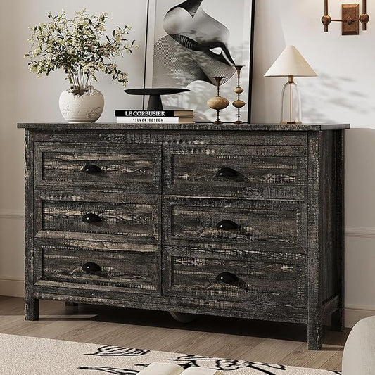 Black Dresser for Bedroom, Farmhouse 6 Drawers Dresser, Wide Chest of Drawers with Metal Handles, Modern Wood Double Chest Storage Cabinet for Living Room, Bedroom, Hallway