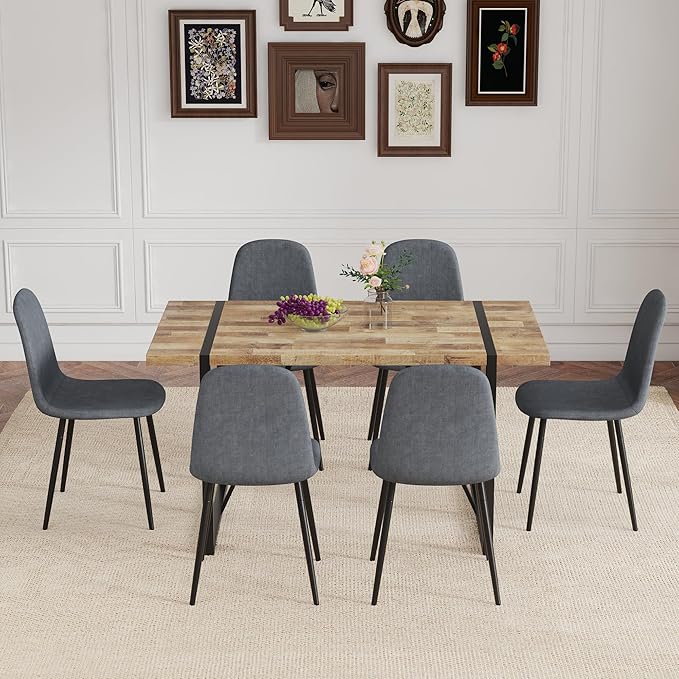 7 Piece Dining Table Set，Dinner Table Set for 6，55'' Kitchen Table and PU Leather Chairs Set of 6，6 Chair Dining Table Set for Kitchen Dining Room