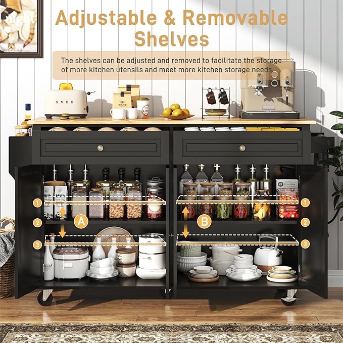 63" Movable Kitchen Island with Drop Leaf and Power Outlet, Rolling Island Cart w/Storage Cabinet, Island Table on Wheels for Kitchen w/2 Drawers, Spice Rack, Towel Bar, Garage Hook, Black