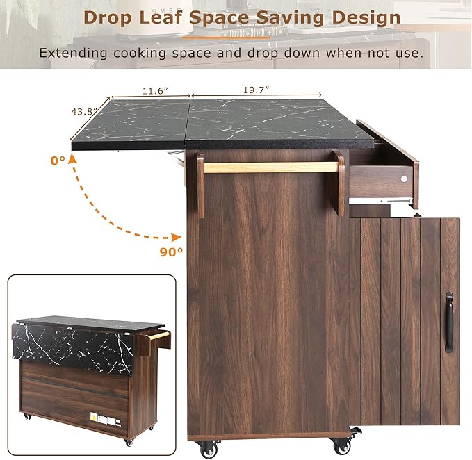 Kitchen Island with Storage & Drop Leaf, 51" Kitchen Rolling Island on Wheels with Spice Rack & Towel Rack, Kitchen Island Cart with Trash Can Storage, Walnut Brown