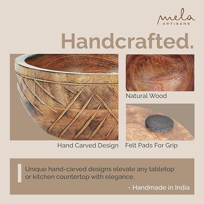 Mela Artisans Wooden Fruit Bowl | Light Burnt Finish | 9” Decorative Mango Wood Serving Bowl | Multipurpose for Kitchen Countertop | Salad | Dessert | Snacks | Breads & More | Natural Grain Pattern