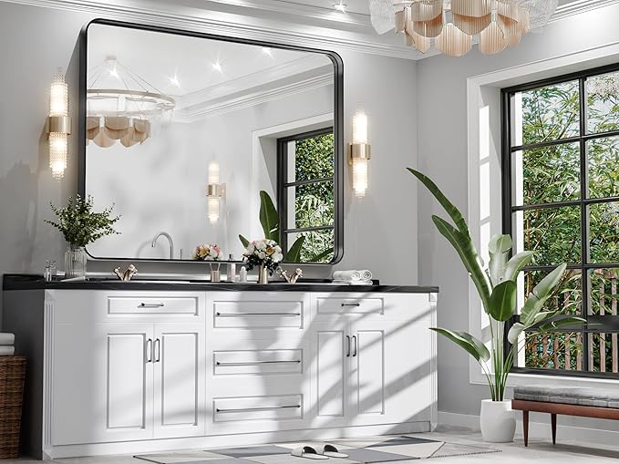 Hasipu Black Bathroom Mirror 50x40 Inch Rounded Rectangle Vanity Mirror Metal Framed Wall Mirrors Anti-Rust Surface Mount (Horizontal/Vertical)