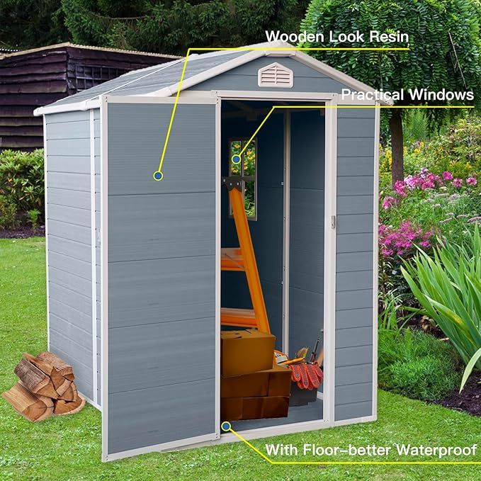6x4 FT Outdoor Storage Resin Shed with Floor, Waterproof Plastic Garden Tool Shed with Windows, Vents & Lockable Door and Sloped Roof, Easy to Assemble Bike Shed for Patio, Backyard, Lawn, Grey
