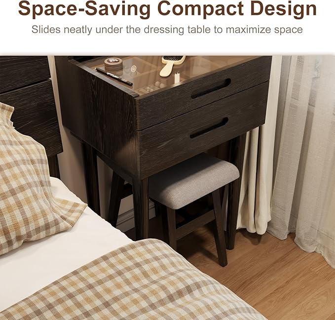 Solid Wood Small Vanity Stool, Compact Makeup Chair with Saddle Cushion, Linen-Covered High Rebound Sponge Seat, Easy Assembly Footstool for Bedroom, Entryway, Home, Black