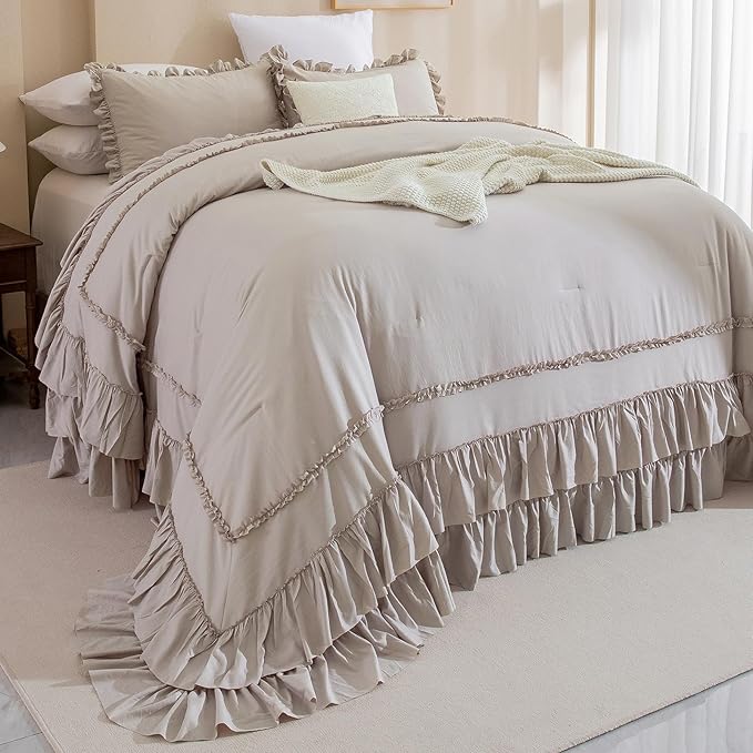 QSH Taupe Oversized California King Ruffled Bed Comforter Set 128x120, Farmhouse Vintage Chic Comforter French Country Shabby Bedding Comforter Soft Microfiber Fluffy Bedding 3 PCs