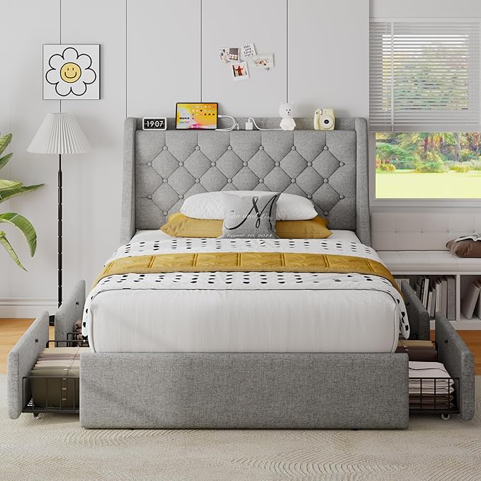 Twin Bed Frame with 4 Storage Drawers, Upholstered Bed Frame with Wingback Headboard, Charging Station, No Box Spring Needed, Easy Assembly, Light Grey