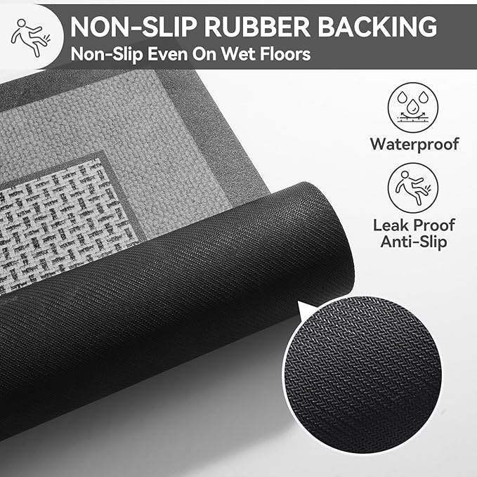 Non Slip Thin Bath Mat Bathroom Rugs, Rubber Backing Ultra Thin Bathroom Rug Fit Under Door, Quick Dry Super Absorbent Washable Shower Bath Mats, Grey 16x24