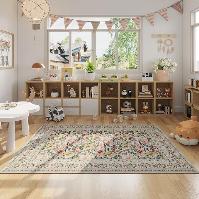 Bedroom Rug 3x5 Rug Washable Area Rug Non Slip Low Pile Vintage Floral Small Carpet for Bedroom, Bedside, Kitchen, Entryway, Kids Room, Office, Beige