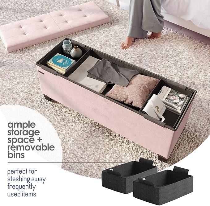 STORAGEBUD Storage Ottoman Bench with Bins, 43-in Storage Bench for Bedroom End of Bed, Folding Foot Rest Ottoman for Living Room Max 660lbs, Velvet Ottomans, Pink
