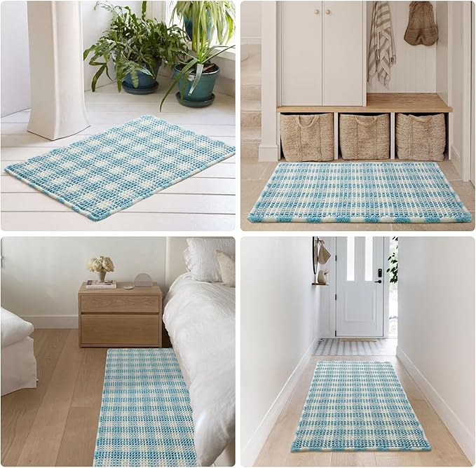 Waffle Bath Mat, Boho Bathroom Rugs Non Slip Washable Absorbent Checkered Bathroom Mat Quick Dry Cute Bath Mat, 24"x16" Blue and White