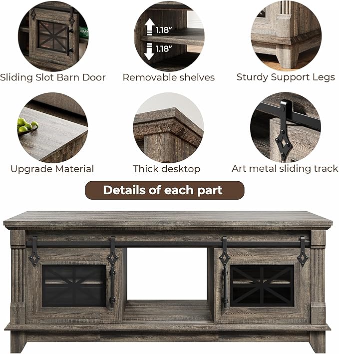 IRONCK 48'' Coffee Table with Sliding Barn Doors, Rustic Center Table with 6 Large Storage Space, Glass Doors and Adjustable Middle Shelf, Farmhouse Coffee Tables for Living Room, Meeting Room