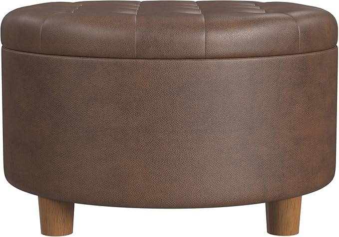 HomePop Home Decor | Button Round Storage Ottoman | Ottoman with Storage for Living Room & Bedroom, Brown Faux Leather