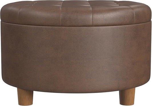 HomePop Home Decor | Button Round Storage Ottoman | Ottoman with Storage for Living Room & Bedroom, Brown Faux Leather