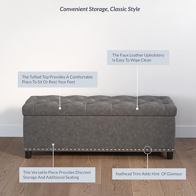 BELLEZE 47" Storage Ottoman, Storage Bench with Safety Close Hinge, Faux Leather Button-Tufted Ottoman for Living Room, Entryway, Hallway, Foot Rest, Support 300lbs - Rustic Gray