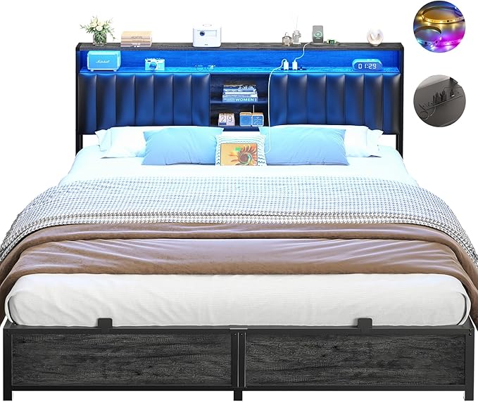 Aheaplus King Bed Frame with Charging Station & Led Lights, Platform Bed with Leather Upholstered Headboard and Storage, Metal Slats Support, No Box Spring Needed, Noise-Free, B6, Black Oak