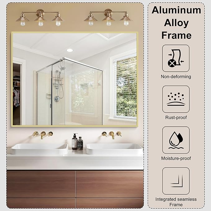 KOCUUY Gold Bathroom Mirror, 48"x36" Large Rectangular Mirror with Metal Frame, Gold Vanity Mirror with Modern Design for Bathroom, Living Room, Farmhouse, Entryway, Hang Horizontal/Vertical