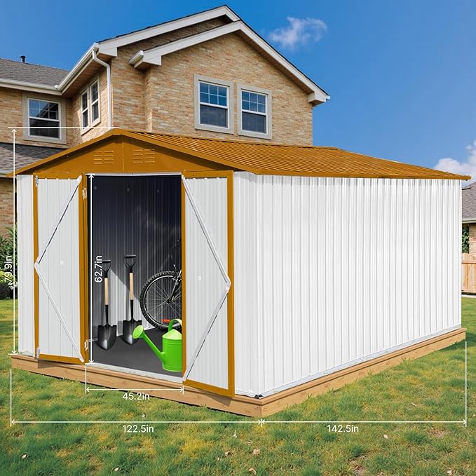 10 x 12 FT Outdoor Storage Shed, Metal Garden Tool Shed with Slooping Roof, Lockable Doors and Windows, Easy to Assemble for Garden, Patio, Lawn, White+Yellow