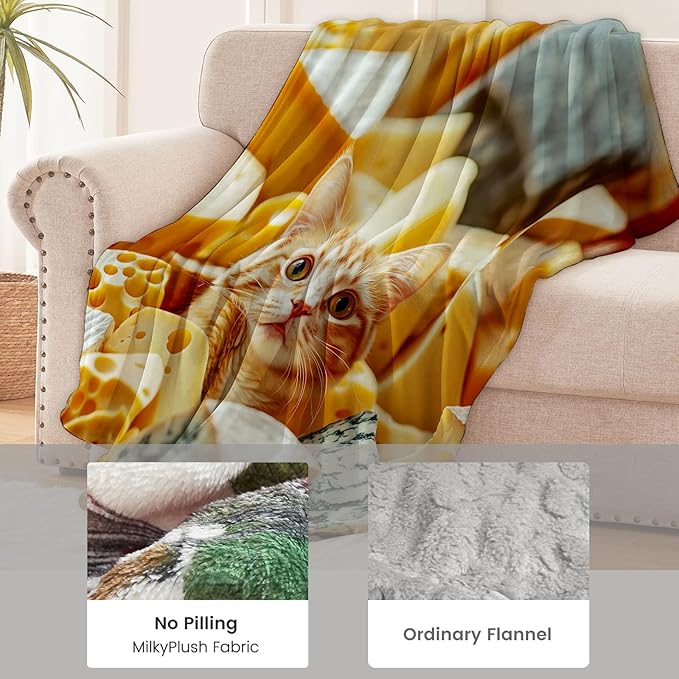 Adorable Cheese Cat Flannel Throw Blanket 50x60 Inch, Cute Orange Kitten Throws, Whimsical Food Humor Fleece Blankets for Couch, Bed, Sofa, Travel, Pet Lovers Novelty Gifts Decor