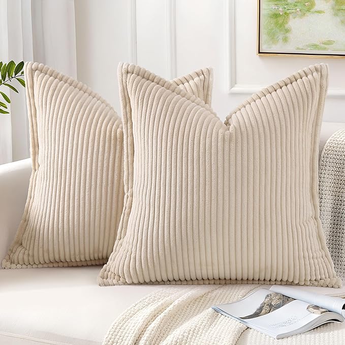 Mecatny Corduroy Throw Pillow Covers 24x24 Set of 2, Neutral Decorative Soft Boho Couch Pillow Covers with Broadside for Sofa Living Room, Beige