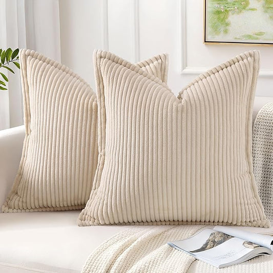 Mecatny Corduroy Throw Pillow Covers 16x16 Set of 2, Neutral Decorative Soft Boho Couch Pillow Covers with Broadside for Sofa Living Room, Beige