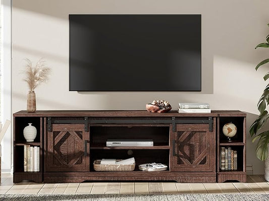 WAMPAT Modern Farmhouse 3 in 1 TV Stand for up to 85" TVs Wood Entertainment Center with Sliding Barn Door and Adjustable Media Storage Shelf for Living Room,Rustic Brown
