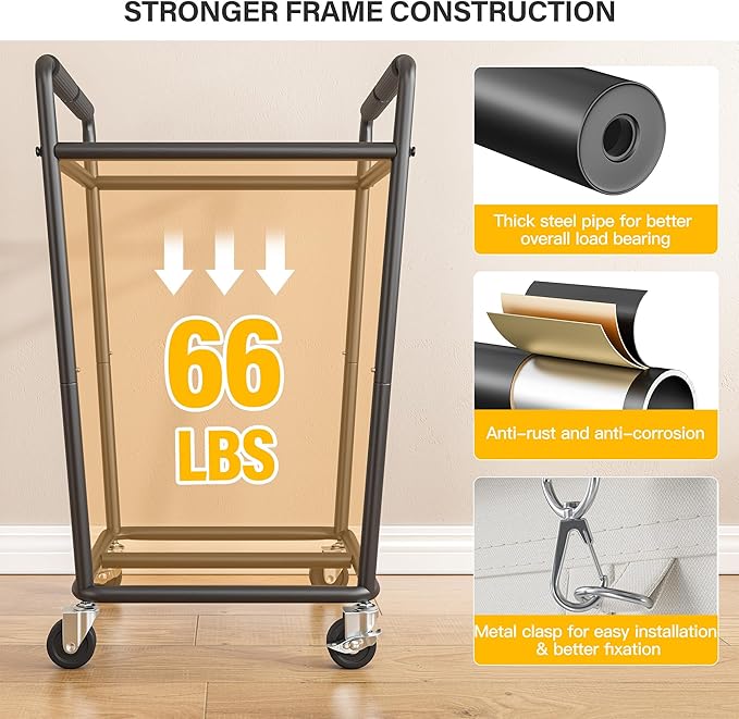 Laundry Basket with Wheels & Handles, 180L Laundry Cart with Removable Bag & Metal Frame for Clothes Storage, Laundry Room Organization Rolling Hamper with Wheels For Laundry, Dorm (Beige)