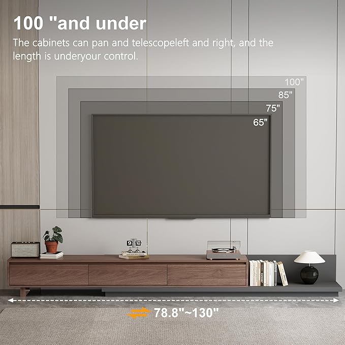 78.7–130" Extendable TV Stand with 3 Drawers - Mid-Century Modern Adjustable Entertainment Center, Perfect for Living Room, Walnut