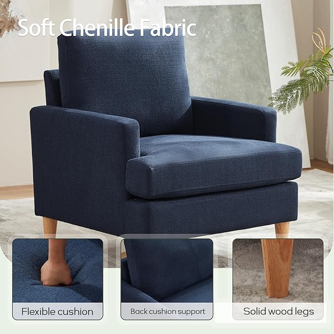 VKNOW Mid-Century Accent Chairs Set of 2, Modern Upholstered Armchair for Living Room,Comfy Reading Accent Chairs with Wood Legs for Bedroom, Navy Blue Polyester