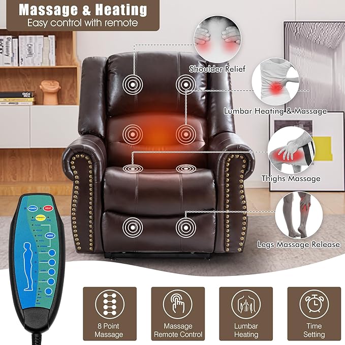 CDCASA Dual Motor Lay Flat Lift Chairs Recliners for Elderly with Massage and Heat, Breathable Leather Infinite Position Large Sleeping Electric Power Lift Chair Recline, Set of 2, Brown