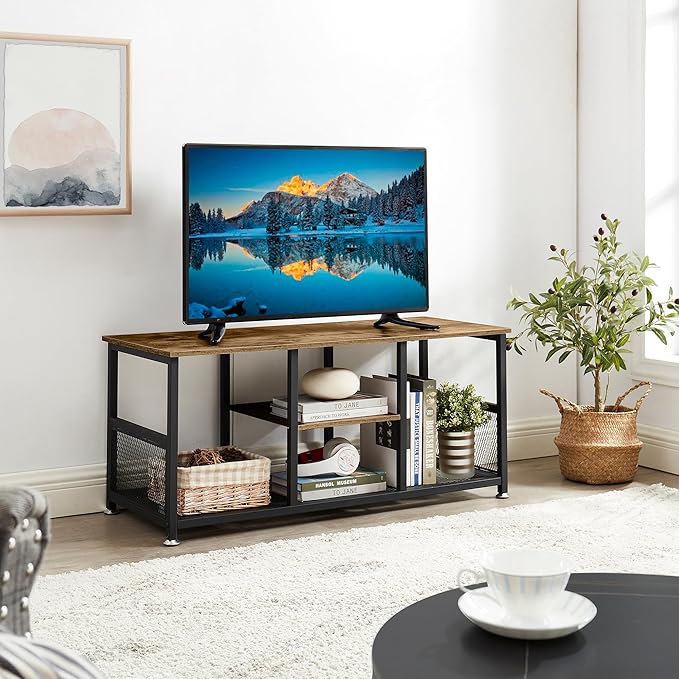 VECELO TV Stand Up to 50 Inches, 39 Inch Industrial Entertainment Center Media Console with Open Storage Shelves, Wooden Coffee Table with Metal Frame, Brown