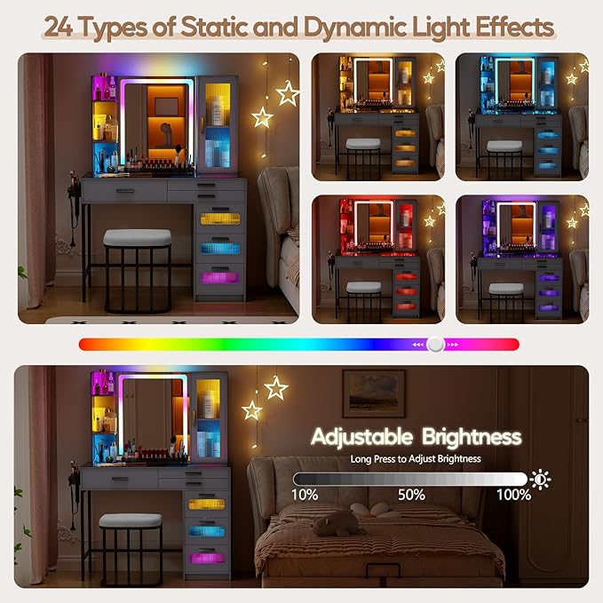 Vanity Desk with Mirror and RGB Lights，Glass top Makeup Vanity Table Set with Stool & Charging Station, Dressing Table with RGB Cabinet,6 Drawers,Lipstick Grid for Bedroom,Grey