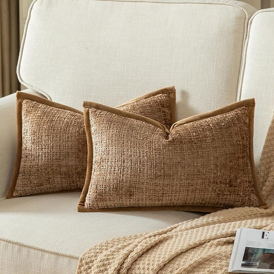 Yaertun Pack of 2 Chenille Textured Decorative Throw Pillow Covers Accent Solid Cushion Cover Soft Cozy Pillow Case with Velvet Back for Couch Sofa Bed Living Room 12x20 Inch Light Brown