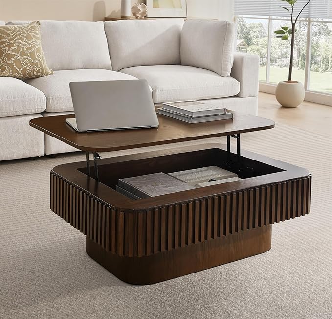 Lift Top Coffee Table for Living Room,Rectangle Handmade Solid Wood Strips, Fluted Coffee Table with Hidden Storage Compartment Small Space Office Apartment (38.6" L×26.8''W×13.8''H-Walnut)