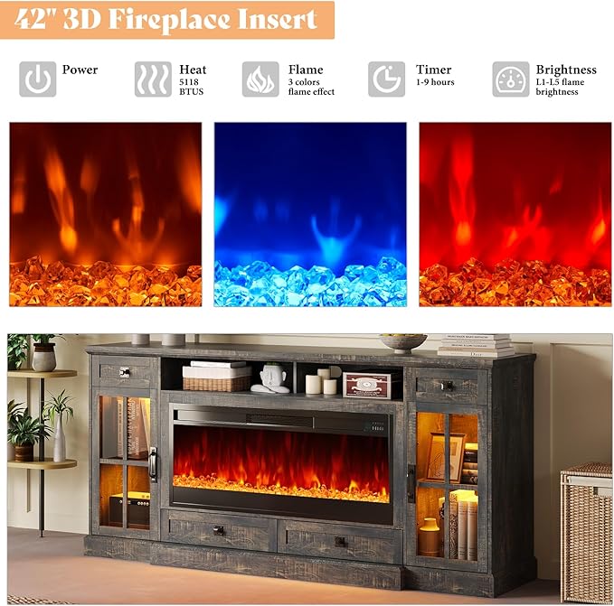 AMERLIFE 70“ Fireplace TV Stand for 80 Inch TV, Farmhouse TV Stand with 42" Fireplace & LED Lights, Entertainment Center with Storage Drawers & Cabinets, Dark Rustic Oak