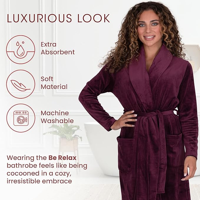 Be Relax Terry Velour Robe - Made of Polyester, Shawl Collar Robe with Belt & Side Pockets, Soft & Warm Bathrobe for Women
