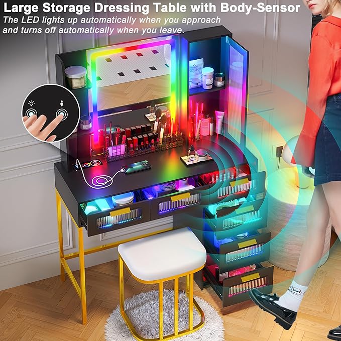 HNEBC Black LED Vanity, Makeup Vanity with RGB Lights and 6 Drawers for Bedroom, Makeup Desk with USB/Wireless Charging, Dressing Table with Shelves/Cabins/Stool, Vanity Table Set as Gifts for Girls