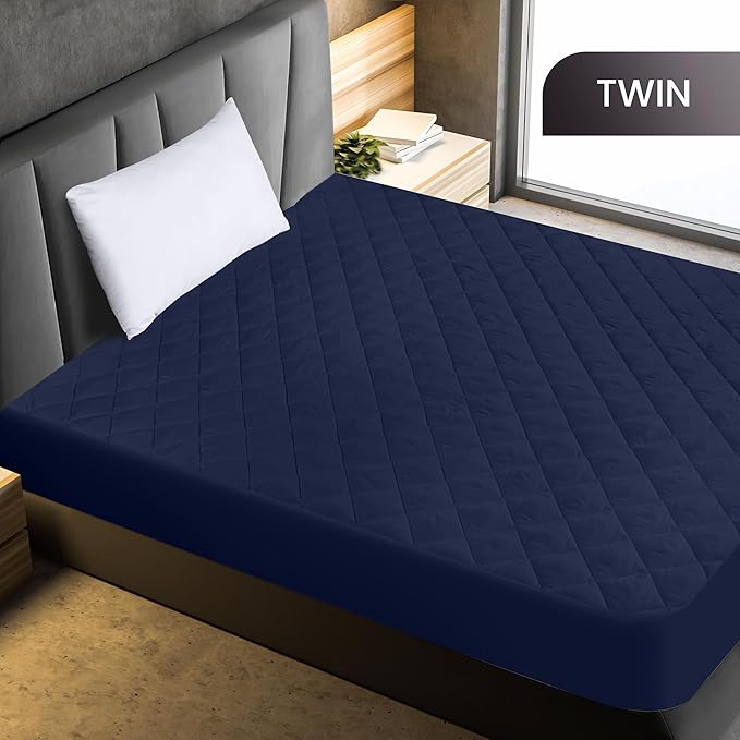 Utopia Bedding Quilted Fitted Mattress Pad, Twin Size, Elastic Fitted Mattress Topper Protector and Cover Stretches up to 16 Inches Deep, Machine Washable (Navy)