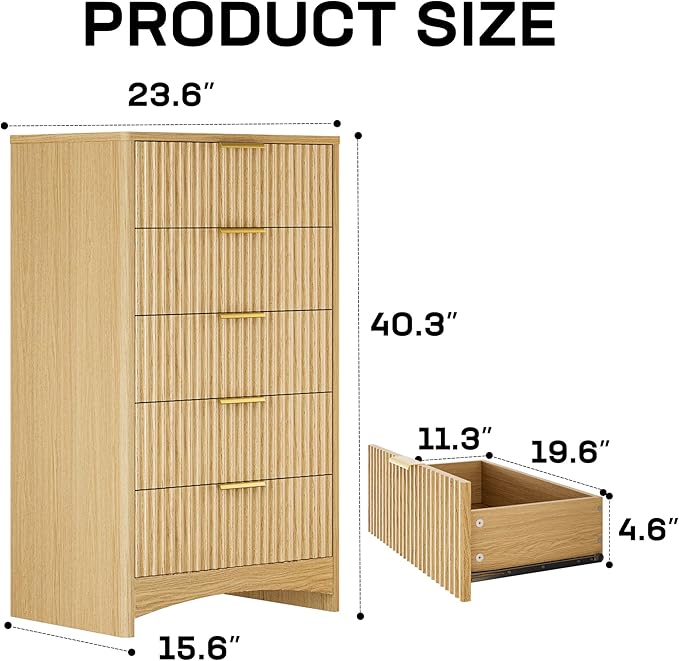 Marsail Fluted 5-Drawer Tall Wooden Dresser, Smooth Gliding Drawers & Large Capacity Storage Space, Modern Organizer Cabinet for Bedroom or Hallway, Natural Oak