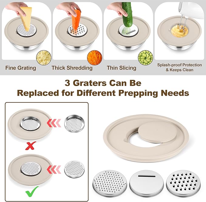 TeamFar Mixing Bowls, Stainless Steel Nesting Salad Bowl with Lids & 3 Graters, For Kitchen Cooking Serving Prepping, Airtight & Non-Slip, Size 4.6/3.5/2/1.5/1/0.7 QT, Set of 5 & Khaki