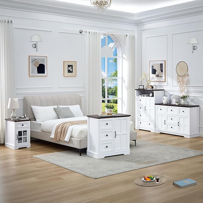 5+2 Dresser for Bedroom, White Dressers Storage with Wooden Drawers and Cross Door, TV Stand Chest of Drawers for Bedroom, Living Room